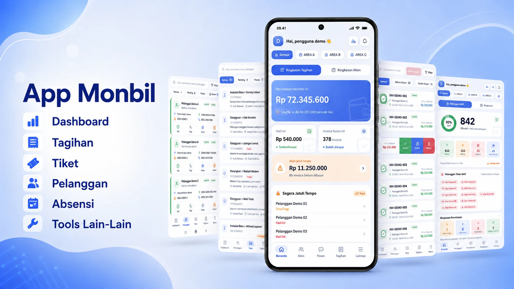 Aplikasi Monbil — dashboard, tagihan, tiket, pelanggan, absensi, dan tools lain dalam satu aplikasi Android